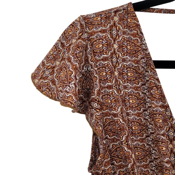 Y2K Boho Flutter Sleeve Faux Wrap Baby Doll Mini Dress Sz M Ruffle Hem Brown - Picture 9 of 13